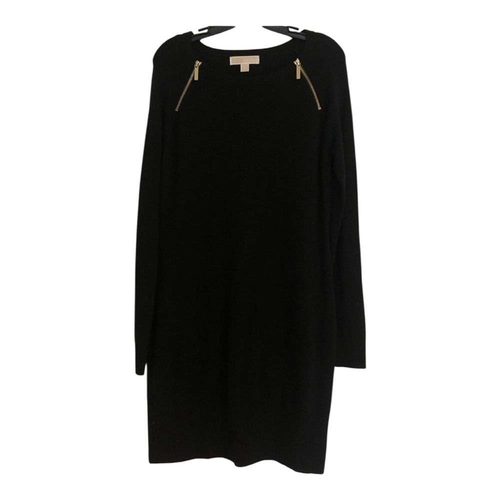Michael Kors X-Small Black Cotton Stretch Long Sleeve Gold Zippers Sweater Dress